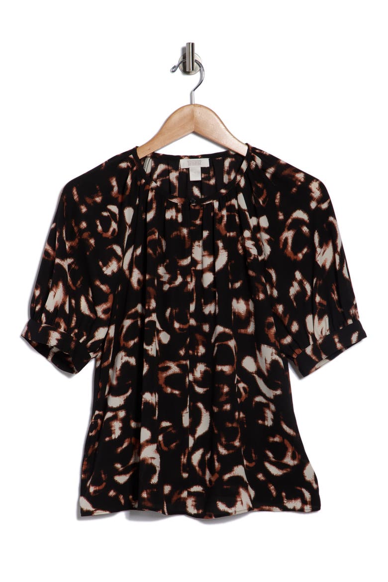 Gathered Neck Puff Sleeve Top, Alternate, color, BLACK- IVORY FLORAL CAMO