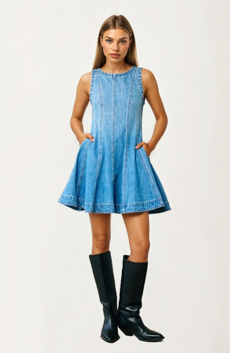 Knit and Lounge Sleeveless Denim Fit and Flare Mini Dress with Seamed Detailing, Main, color, Blue