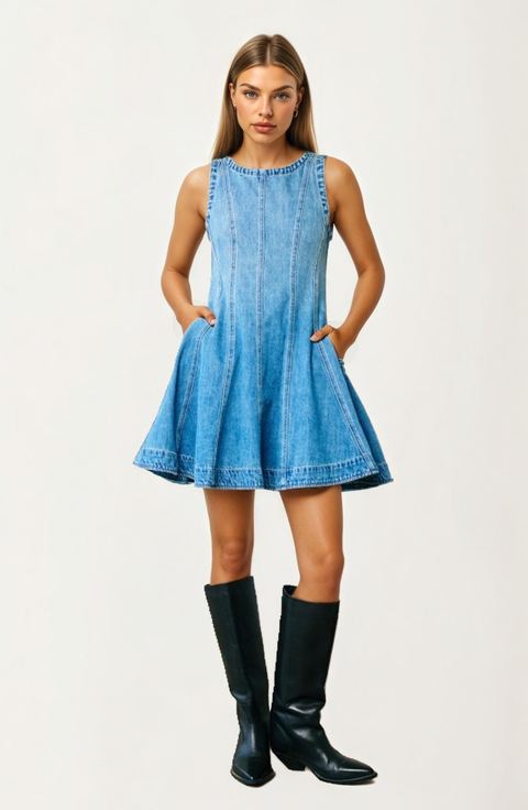 Sleeveless Denim Fit and Flare Mini Dress with Seamed Detailing