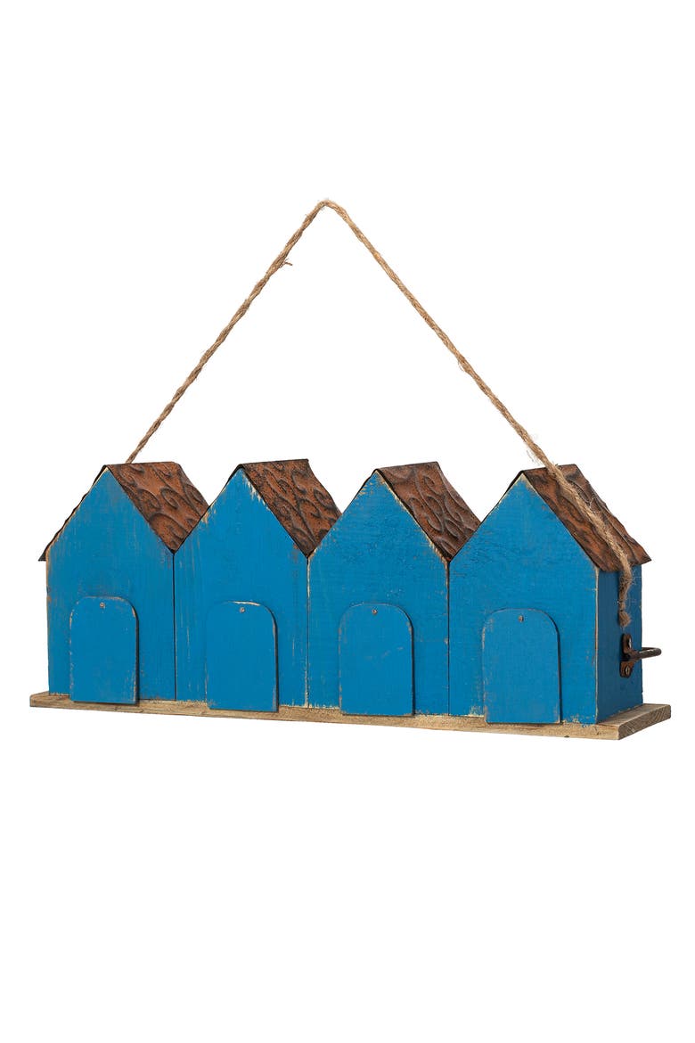 17"L Retro Blue Distressed Solid Wood Birdhouse with Perch, Alternate, color, Blue