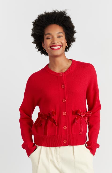 Wool-Cashmere Velvet Bow Cardigan