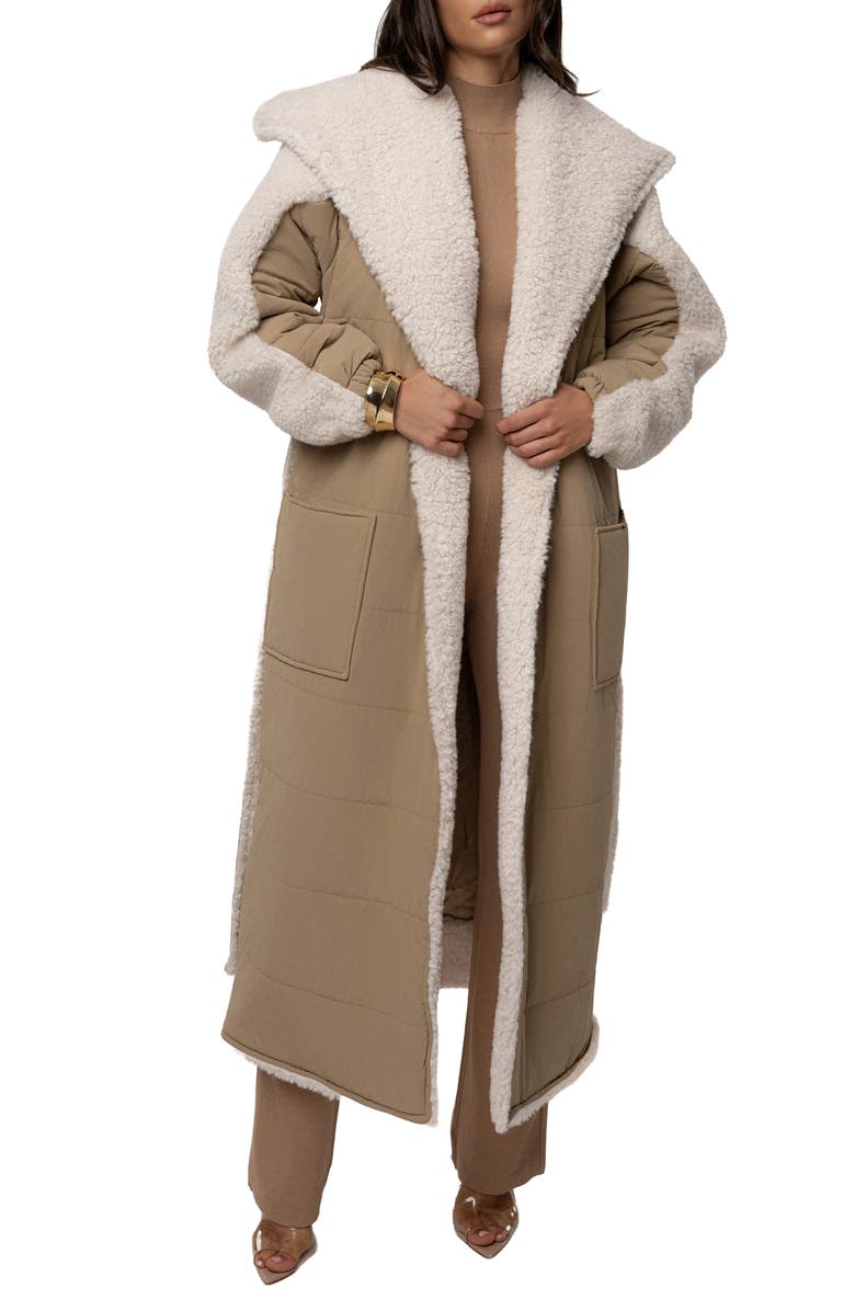 JLUXLABEL Quilted Longline Coat with High Pile Fleece Lining, Alternate, color, Beige
