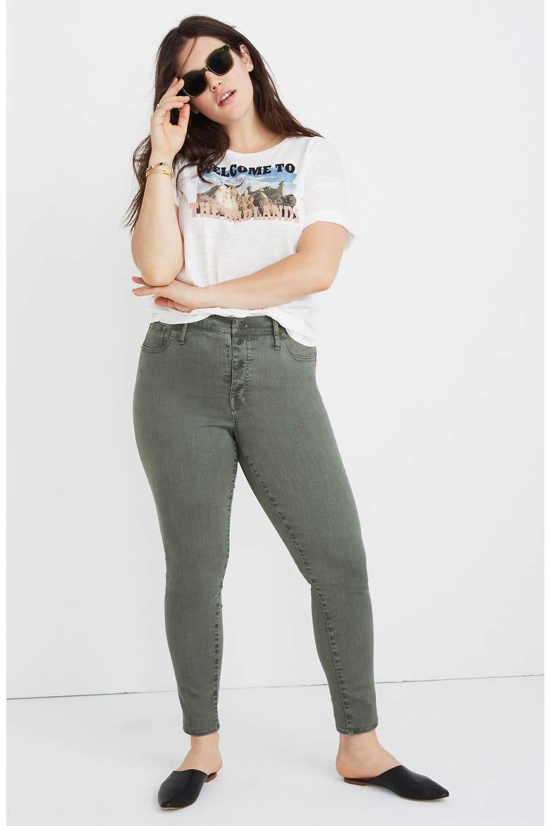 9-Inch Garment Dyed Button Front Skinny Jeans, Alternate, color, HIGHLAND GREEN