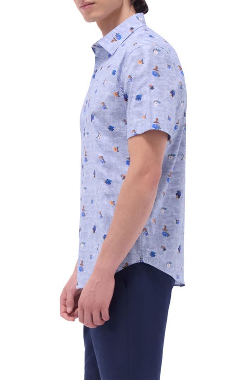 Bugatchi Orson Floral Stripe Short Sleeve Stretch Cotton Button-up Shirt In Air Blue