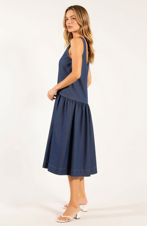 Modenaire Sleeveless Drop-waist Gathered Relaxed-fit Midi Dress In Blue
