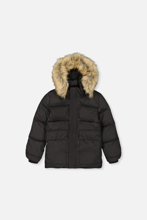 Faux Fur Hood Cargo Pocket Winter Jacket