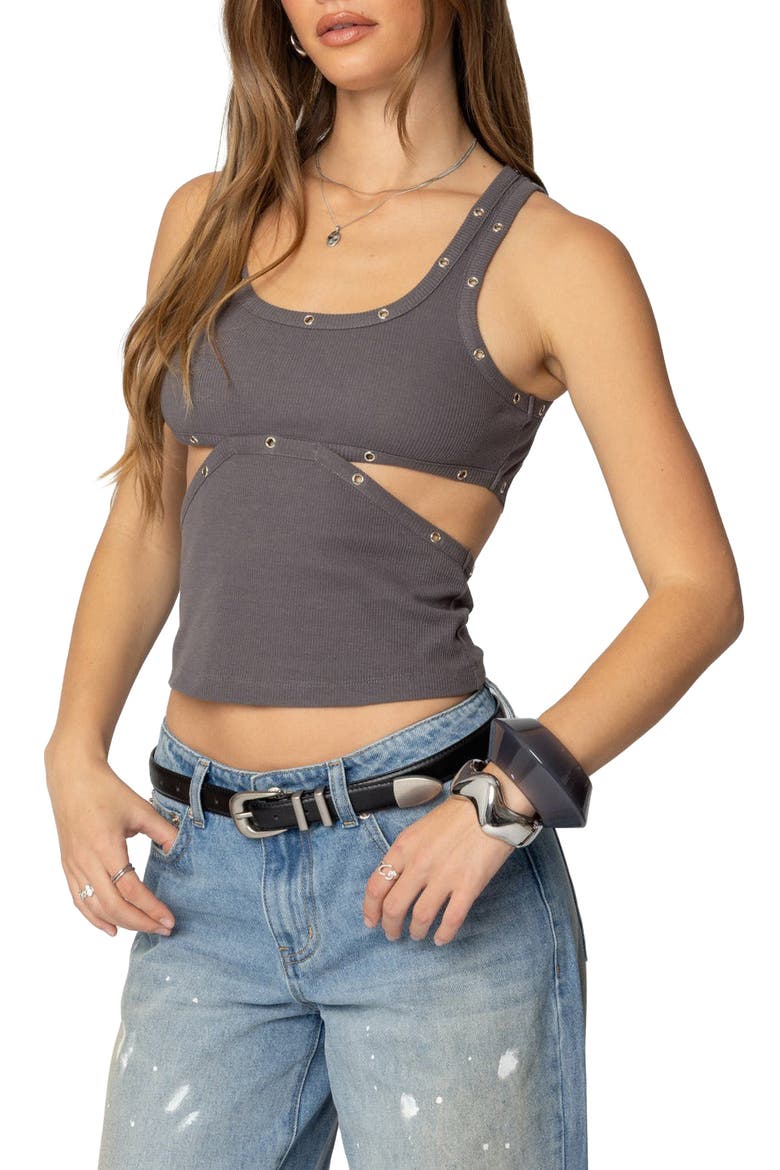 Imogen Grommet Accent Cutout Cotton Tank Top, Alternate, color, GRAY
