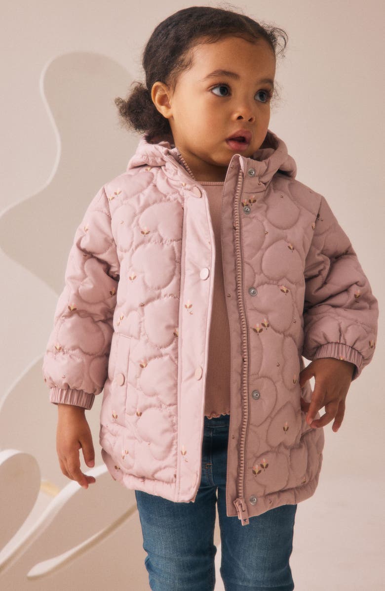 NEXT Kids' Ditsy Heart Quilted Hooded Jacket, Alternate, color, Purple