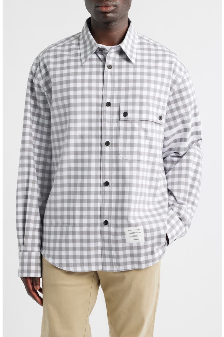 Oversize 4-Bar Gingham Check Flannel Button-Up Shirt, Main, color, MEDIUM GREY