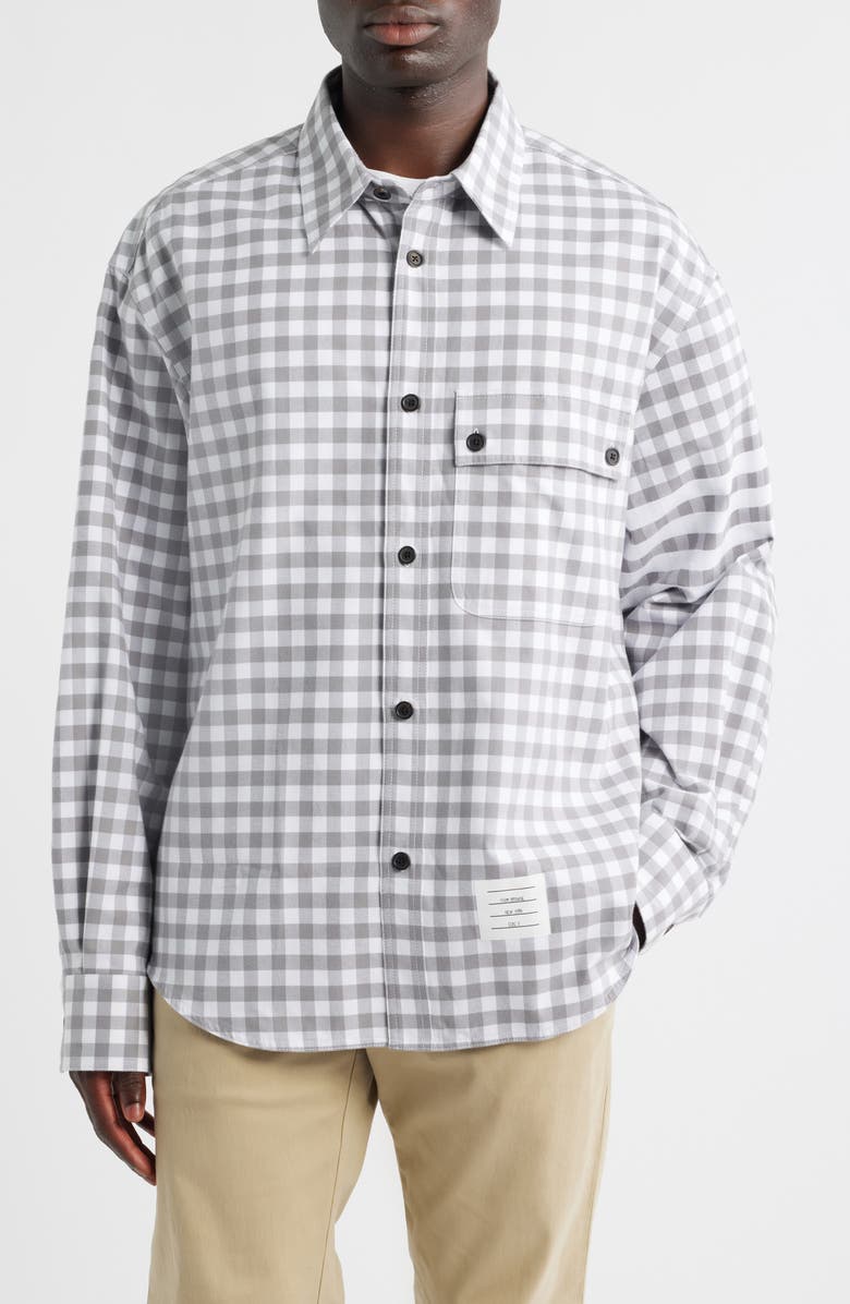 Thom Browne Oversize 4-Bar Gingham Check Flannel Button-Up Shirt, Main, color, Medium Grey
