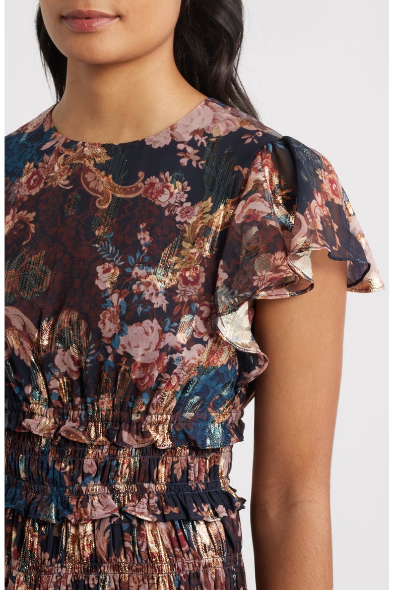 Metallic Floral Flutter Sleeve Midi Dress, Alternate, color, NAVY MULTI