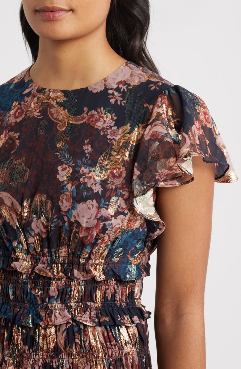 Eliza J Metallic Floral Flutter Sleeve Midi Dress, Alternate, color, Navy Multi