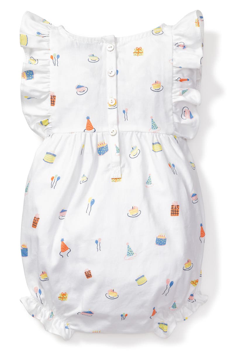 Petite Plume Birthday Print Ruffle Romper, Alternate, color, White
