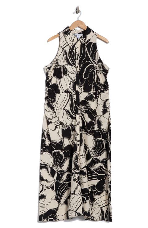 Floral Side Ruched Linen Blend Midi Dress (Plus)