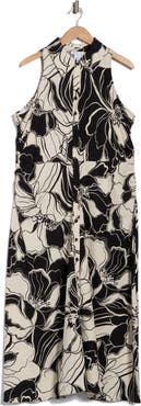 London Times Floral Side Ruched Linen Blend Midi Dress