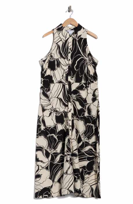 London Times Floral Side Ruched Linen Blend Midi Dress