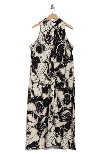 London Times Floral Side Ruched Linen Blend Midi Dress In Multi