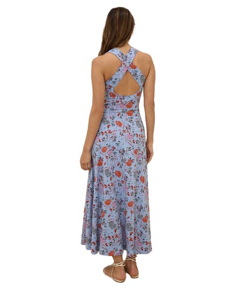 Pact Organic Cotton Fit & Flare Open Back Maxi Dress In Blue