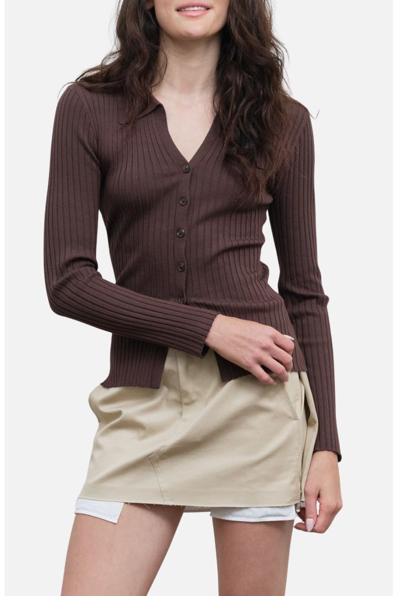 Collared Rib Cardigan, Main, color, BROWN