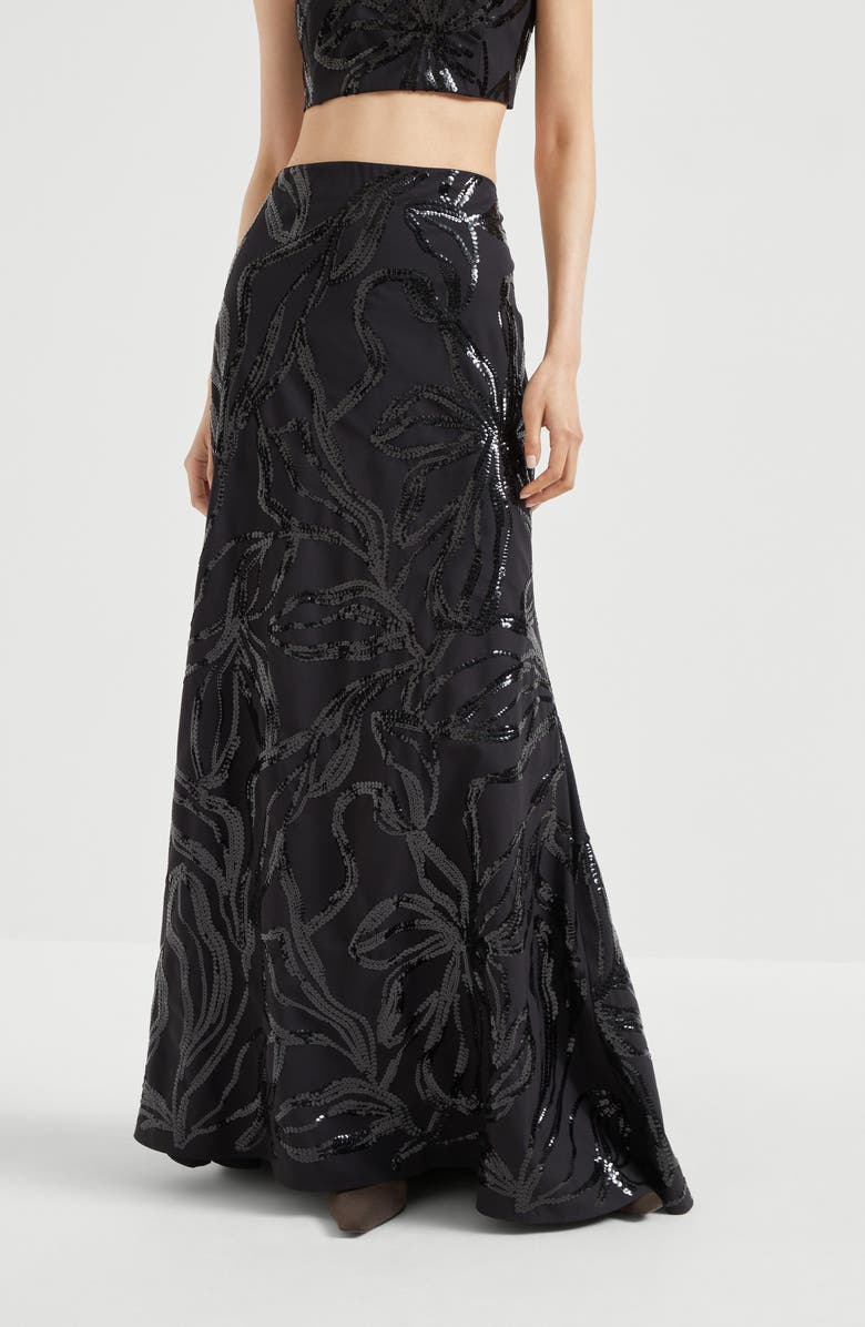 Brunello Cucinelli Skirt with dazzling floral embroidery, Alternate, color, Black