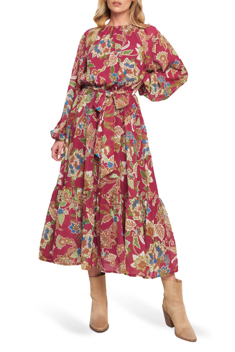 Print Long Sleeve Maxi Dress, Main, color, MERLOT