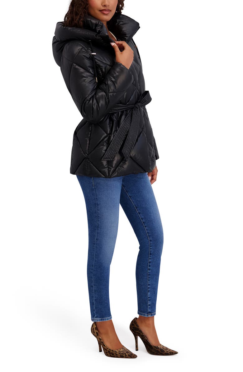 Kensie Belted Diamond Quilted Puffer Coat, Alternate, color, Black