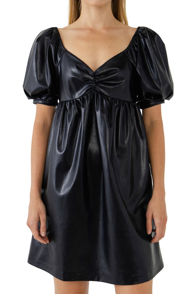 Faux Leather Babydoll Minidress, Alternate, color, BLACK