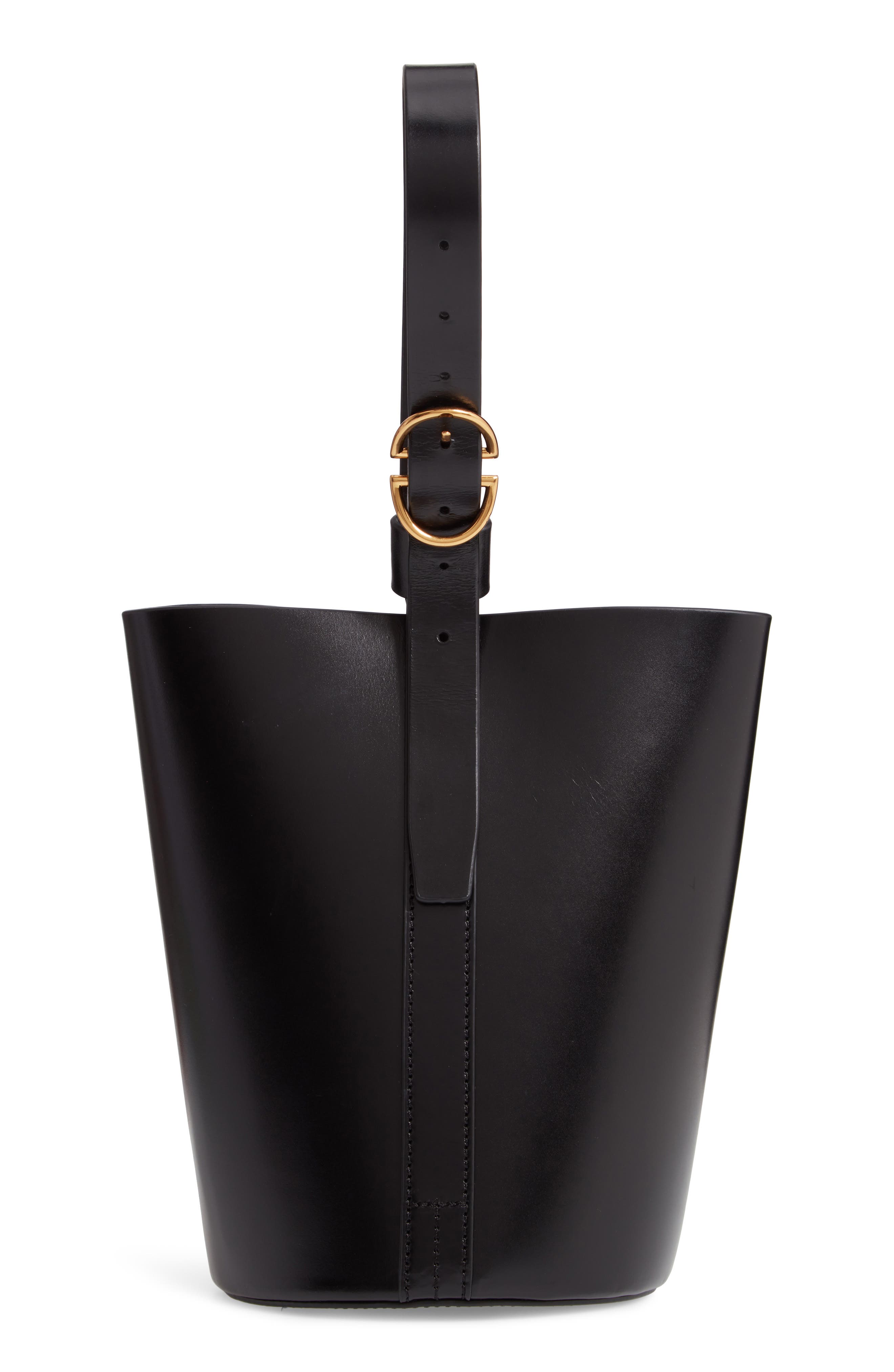 Small Leather Bucket Bag, Main, color, BLACK