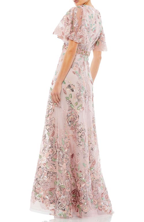 Shop Mac Duggal Floral Embellished Short Sleeve Faux Wrap Gown In Rose Pink