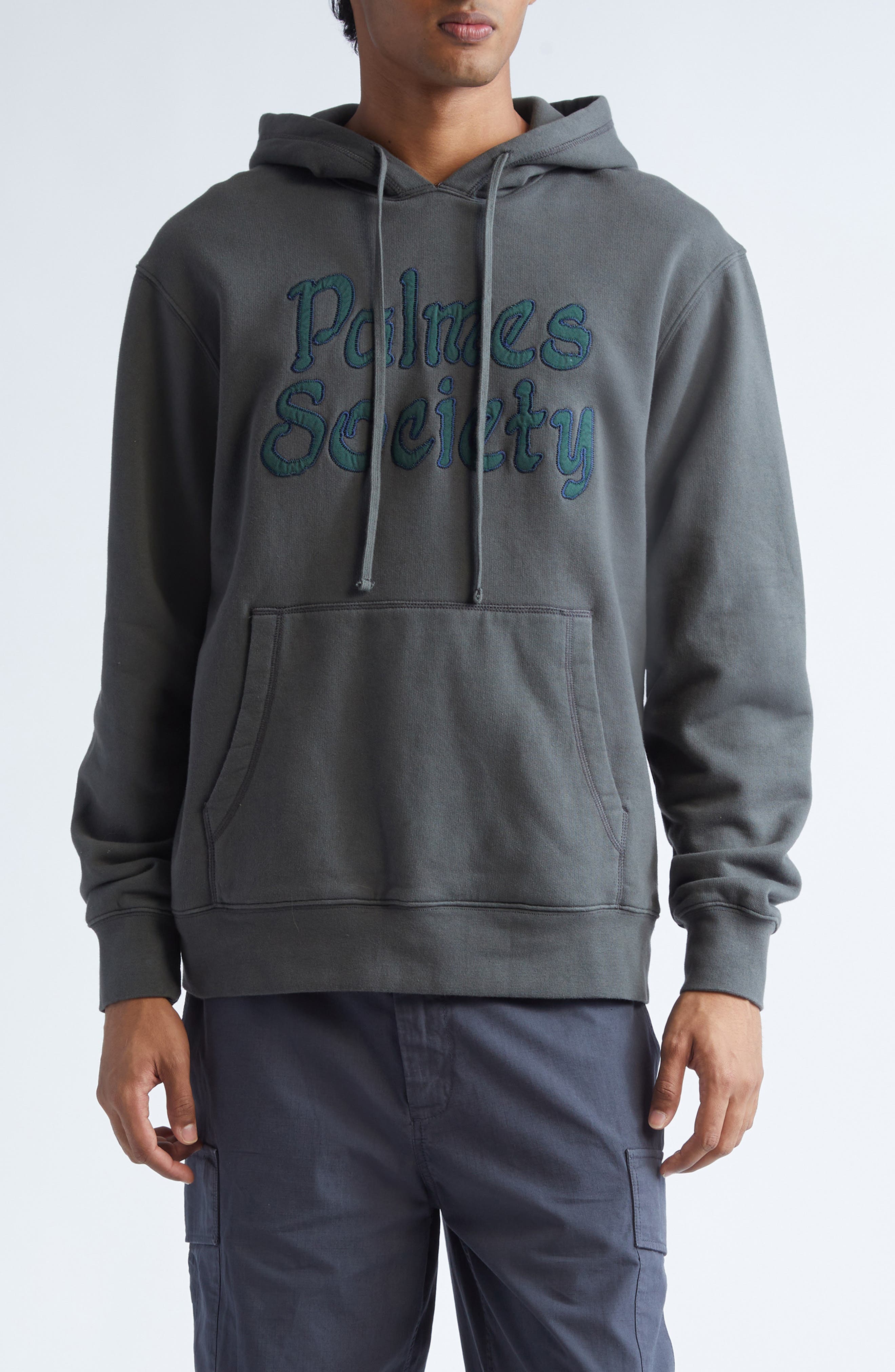 PALMES Society Logo Appliqué Hoodie in Charcoal 