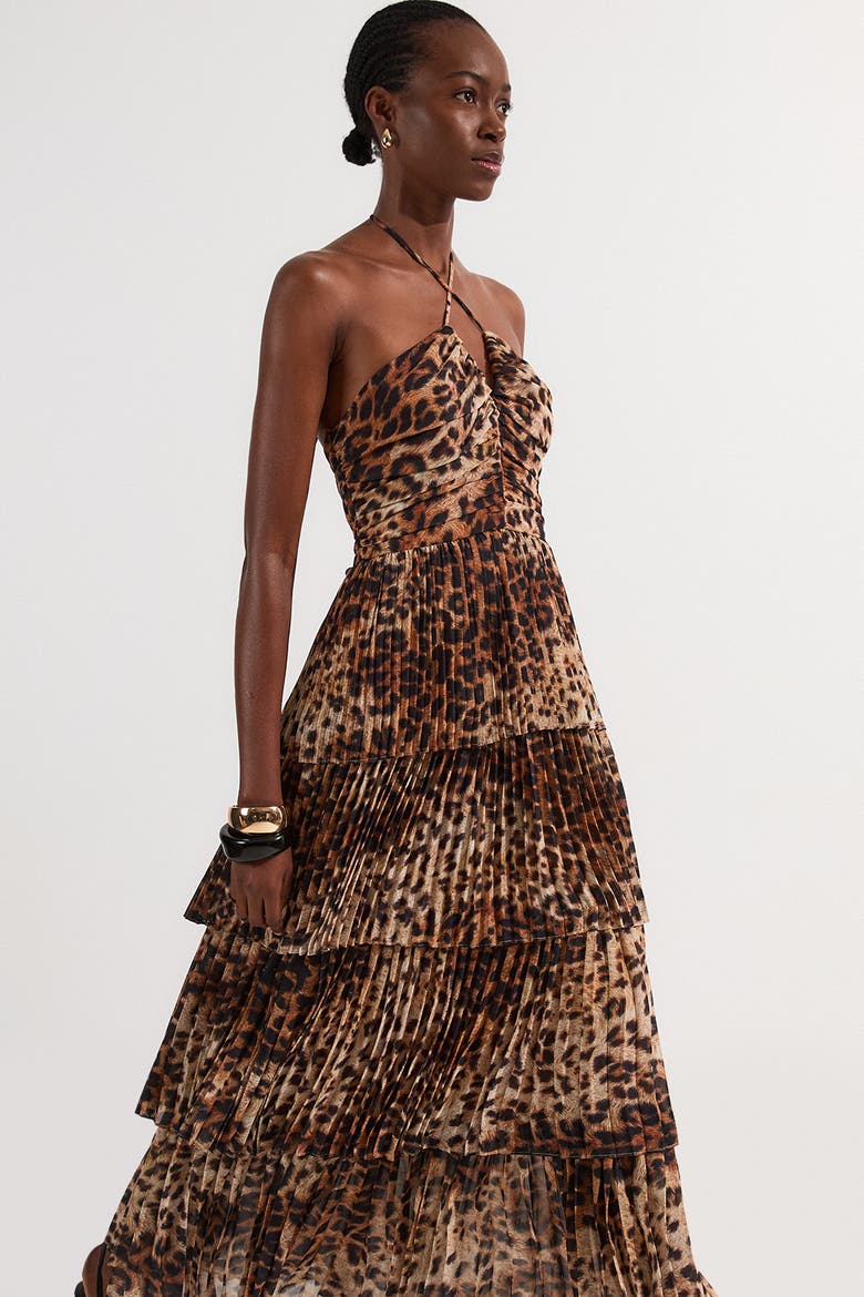 Tiered Halterneck Midi Dress, Alternate, color, Animal