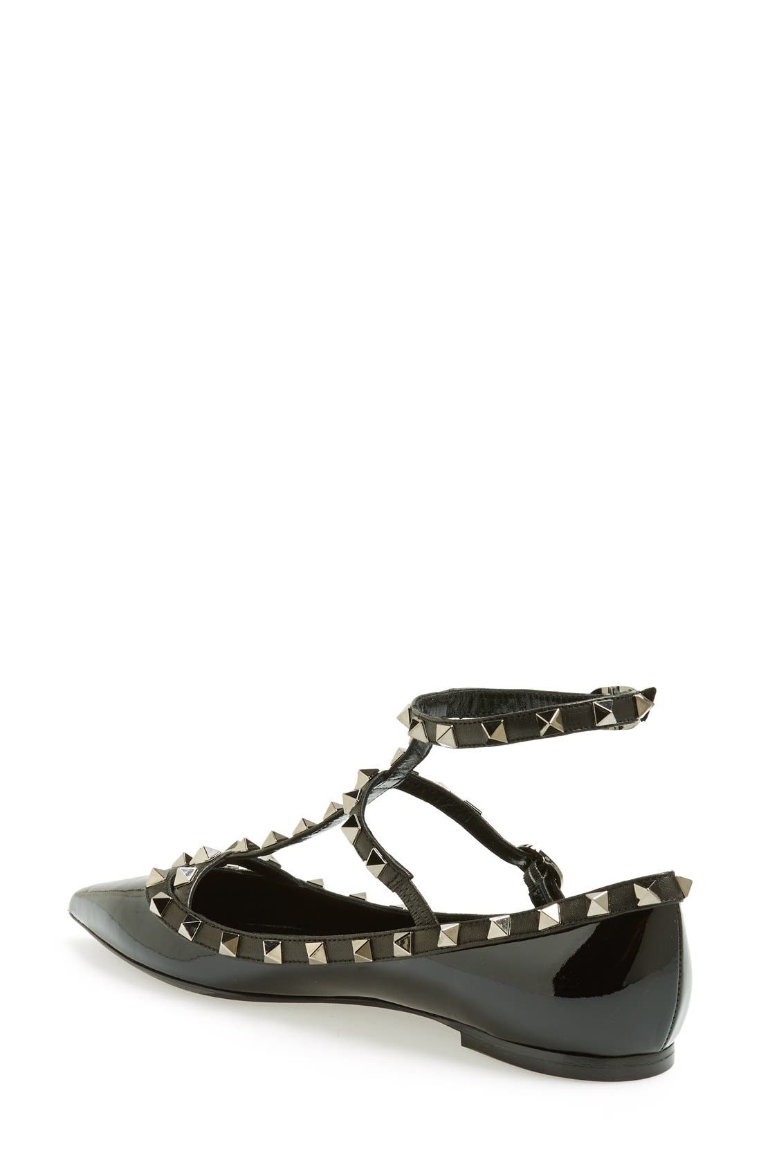 'Noir Rockstud' Double Ankle Strap Patent Leather Pointy Toe Flat, Alternate, color, BLACK