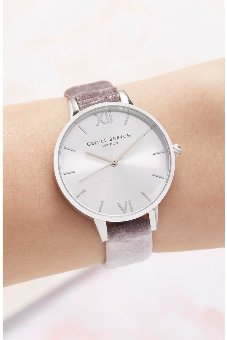 Velvet Strap Watch, 34mm, Alternate, color, GREY LILAC/ SILVER