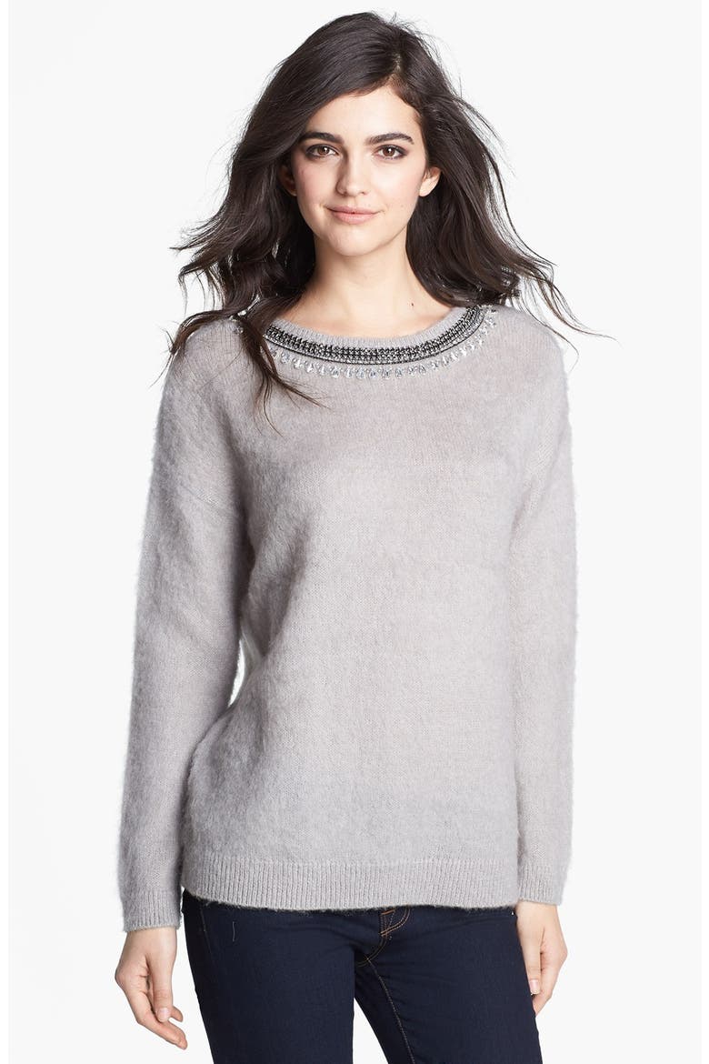 Hinge® Jewel Neck Textured Sweater, Main, color, HEATHER GREY