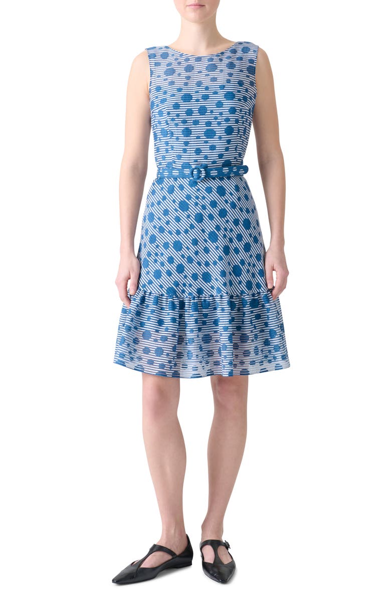Akris punto Stripe Dot Belted Seersucker Dress, Main, color, Cream-Medium Blue