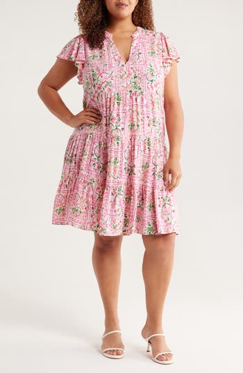 Cece Flutter Sleeve Tiered Dress In Pink
