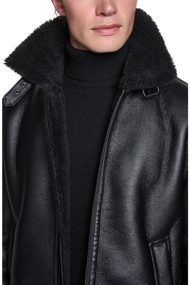 Faux Shearling Collar Faux Leather Aviator Jacket, Alternate, color, BLACK