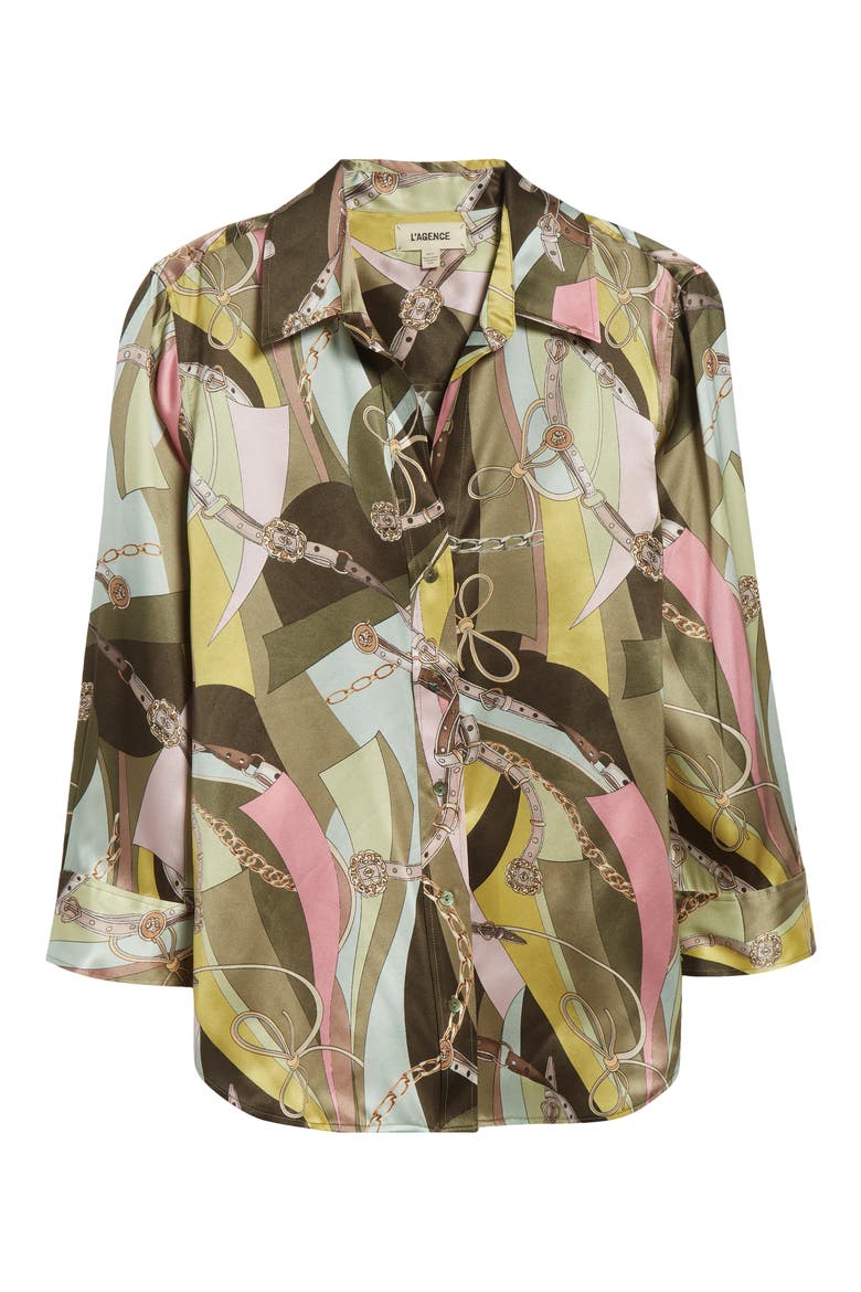Dani Three Quarter Sleeve Silk Button-Up Shirt, Alternate, color, OLIVE MULTI BELT SWIRL