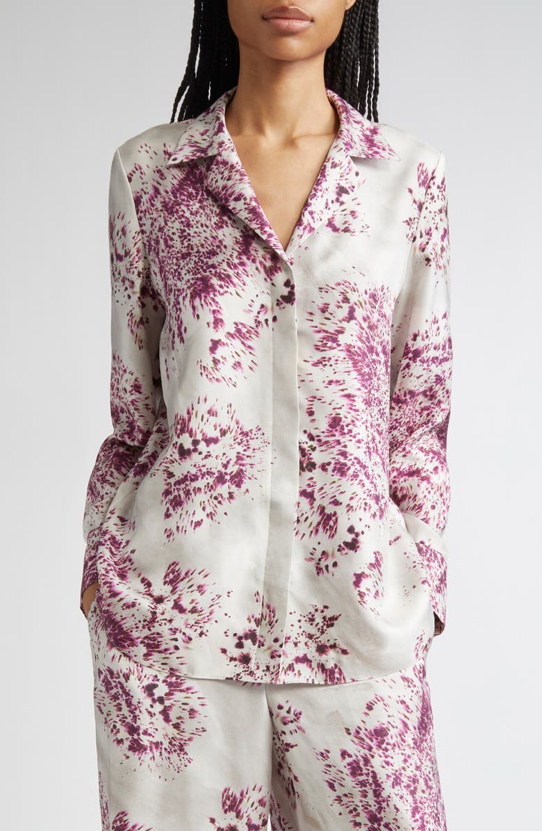Lafayette 148 New York Scottie Spotted Glaze Print Silk Twill Button-Up Shirt, Main, color, Violet Ash Multi