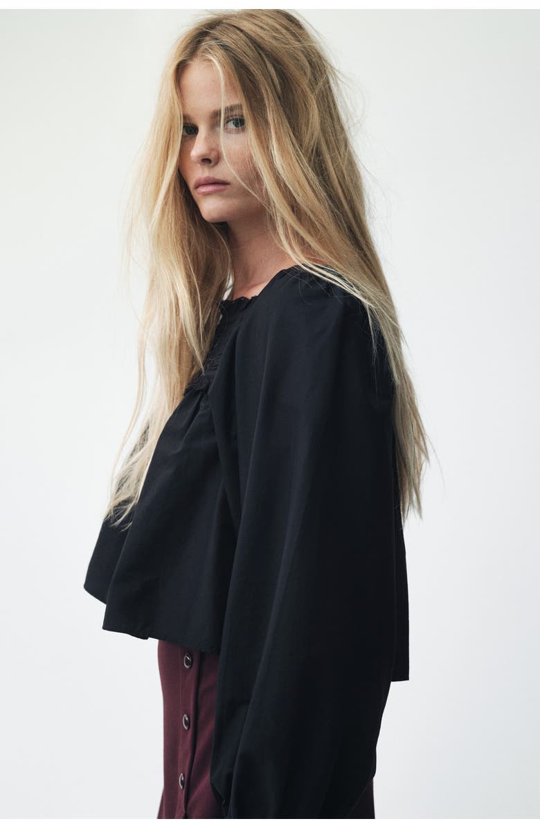 H&M Lace-trimmed Cotton Blouse, Alternate, color, Black