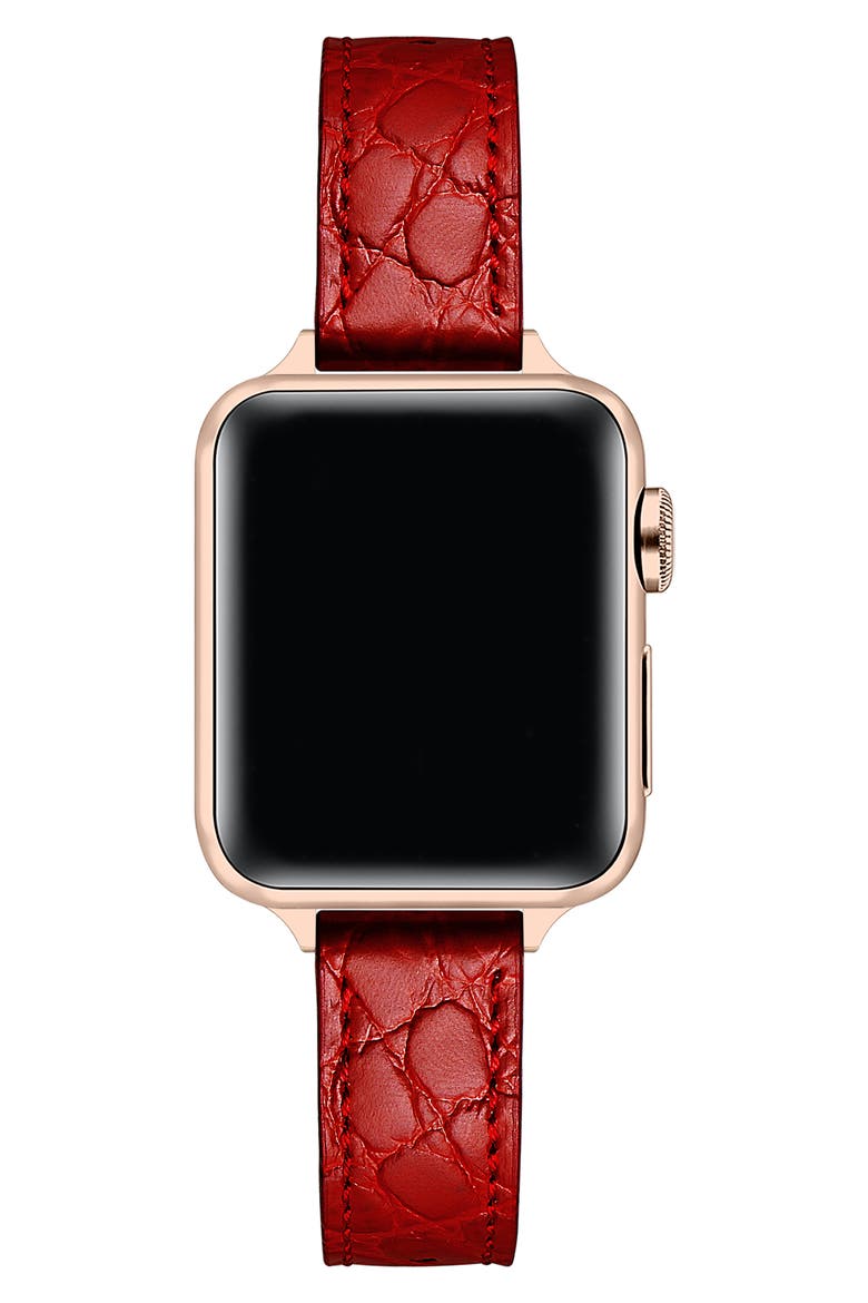 Cleo Skinny Croc Embossed Leather Apple Watch® Watchband, Alternate, color, RED