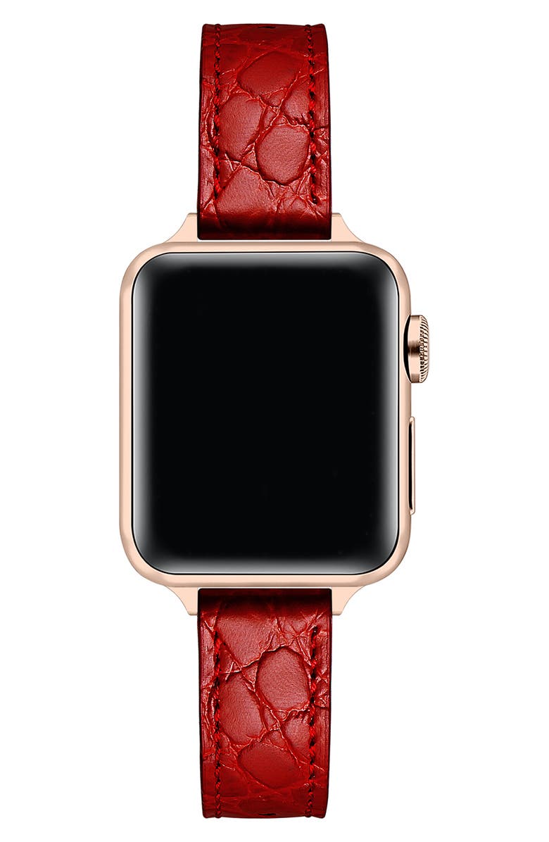 The Posh Tech Cleo Skinny Croc Embossed Leather Apple Watch<sup>®</sup> Watchband, Alternate, color, Red