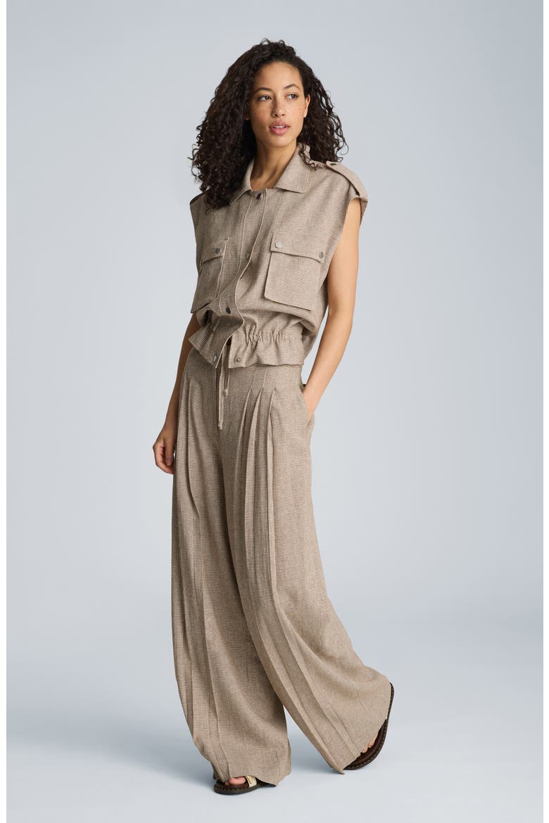 Triple Pleat Wide Leg Linen Blend Pants, Alternate, color, BRUNETTE/ PURE WHITE