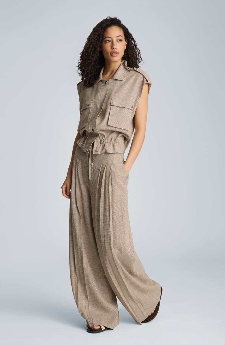 Kenneth Cole Triple Pleat Wide Leg Linen Blend Pants, Alternate, color, Brunette/ Pure White