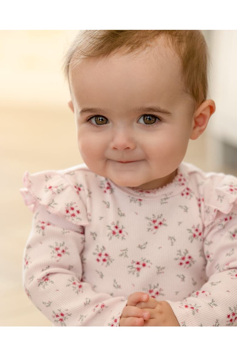 Cotton Rich Ruffle-Sleeve Floral Footie, Alternate, color, Pink