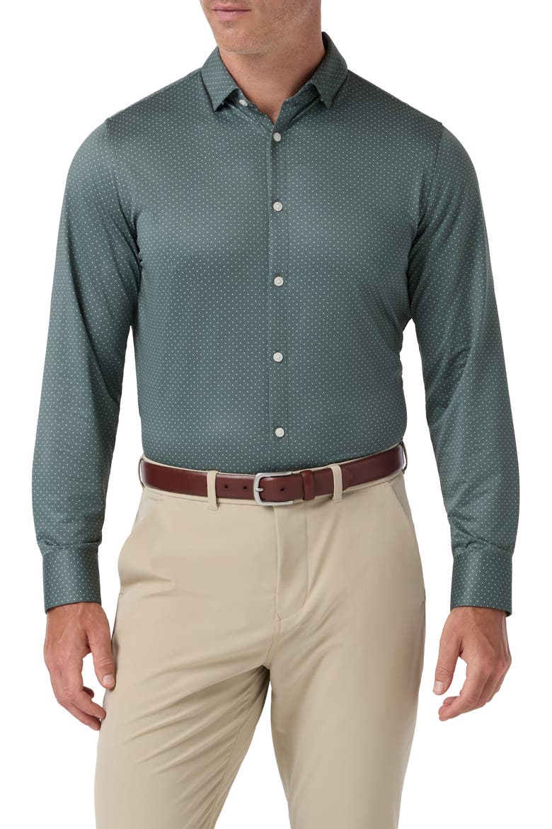 Halyard Trim Fit Short Sleeve Performance Button-Up Shirt, Main, color, HEMLOCK DOT