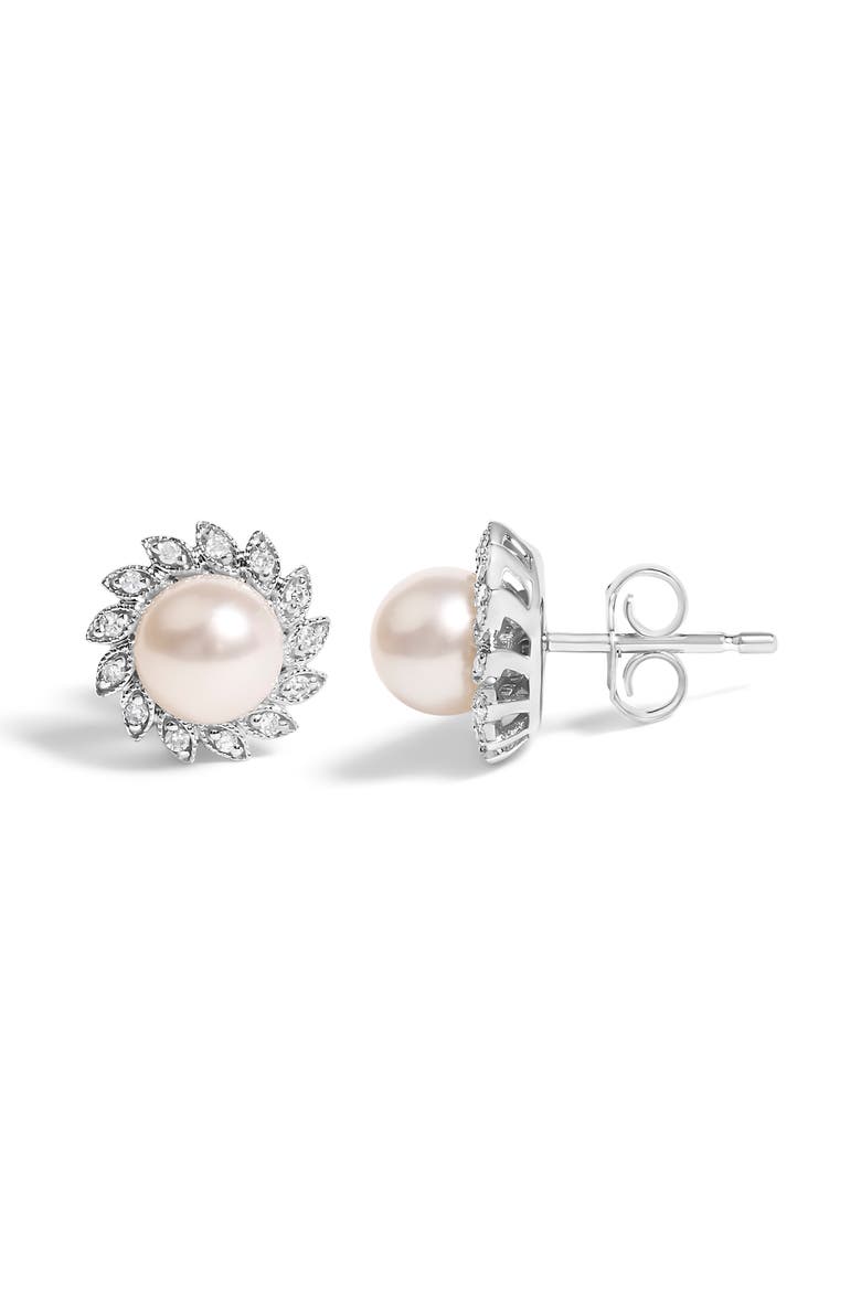 10K White Gold Pearl and Diamond Accent Halo Stud Earrings, Alternate, color, White