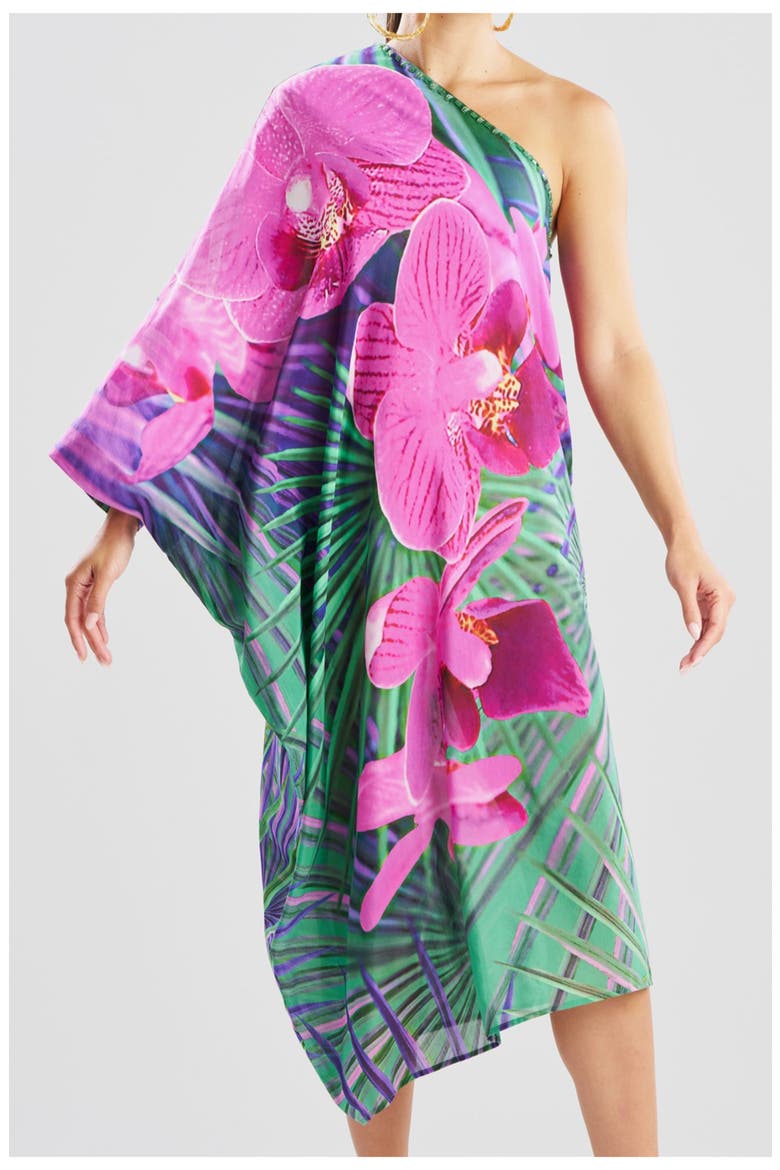 Orchid Silk Cotton Voile One Shoulder Caftan w/ Beading, Alternate, color, MULTI