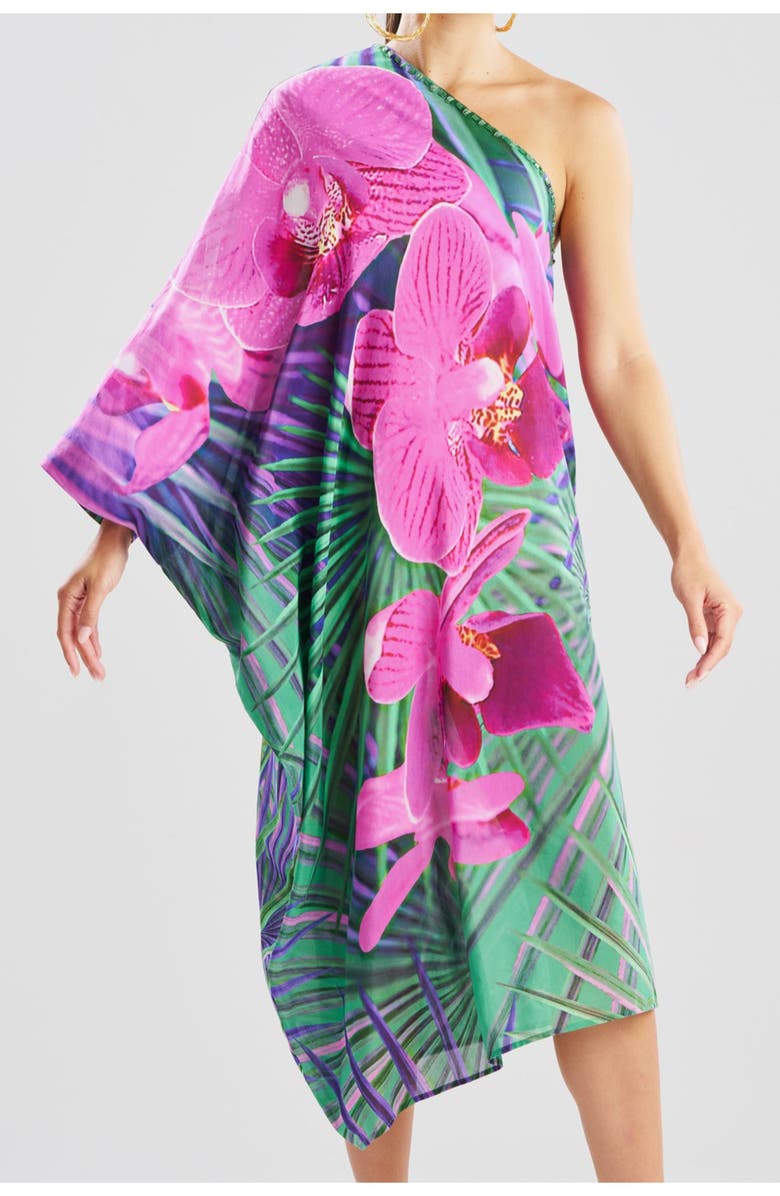 Natori Orchid Silk Cotton Voile One Shoulder Caftan w/ Beading, Alternate, color, Multi