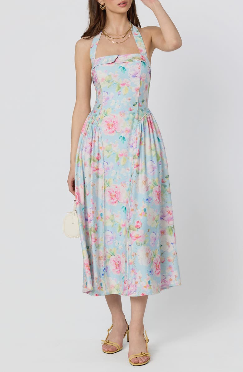 ASTR the Label Marianna Halter Midi Dress, Alternate, color, Light Blue Multi Floral